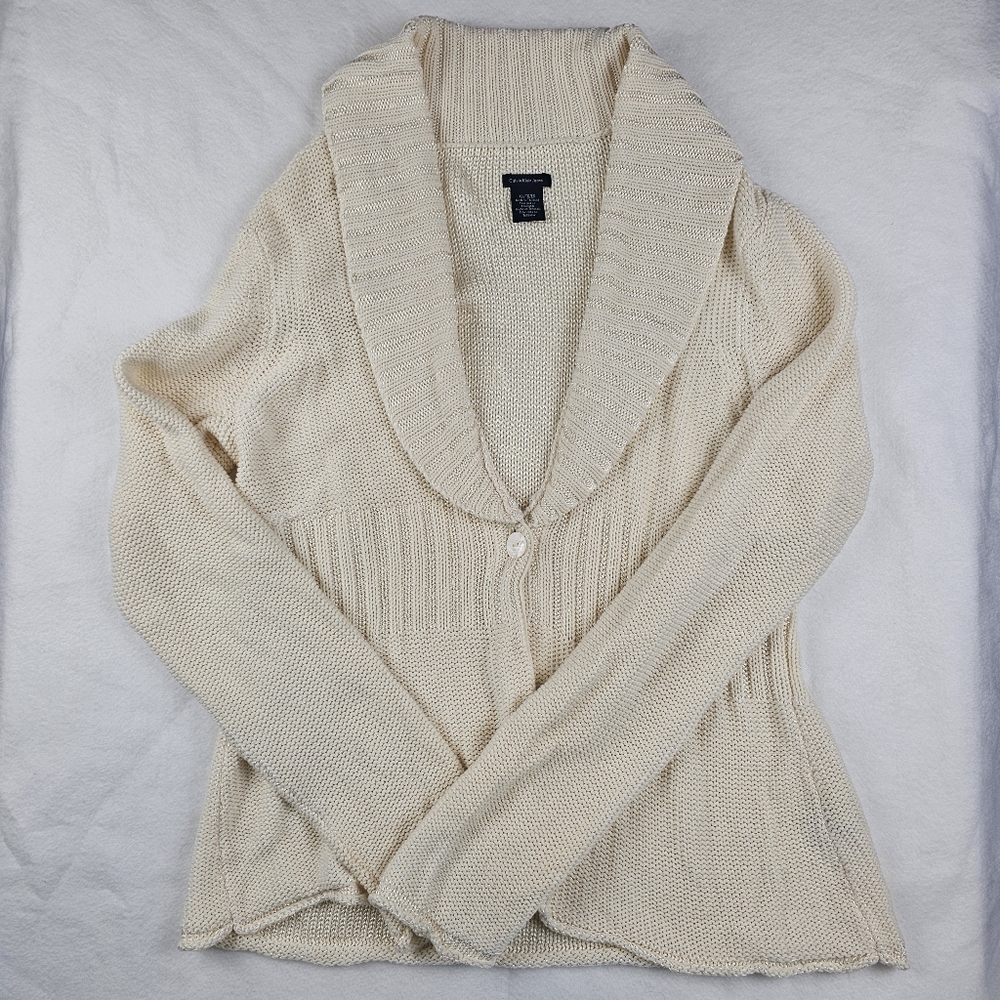 Calvin Klein Jeans Cardigan‎ Cotton Cable Knit Cream Sweater XL Classic Style